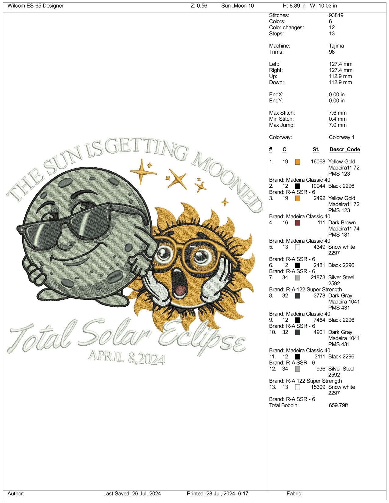 Archivos de bordado de eclipse solar total - 3 tamaños