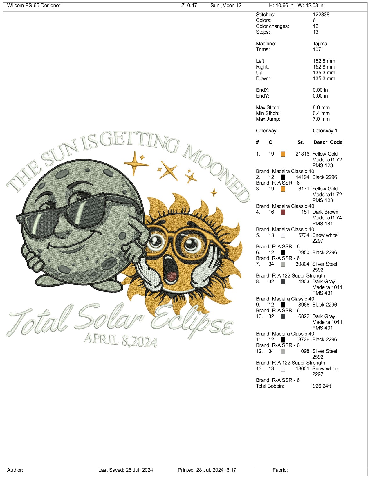 Archivos de bordado de eclipse solar total - 3 tamaños