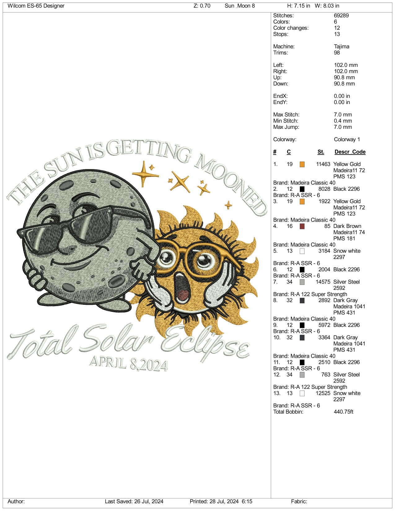 Archivos de bordado de eclipse solar total - 3 tamaños