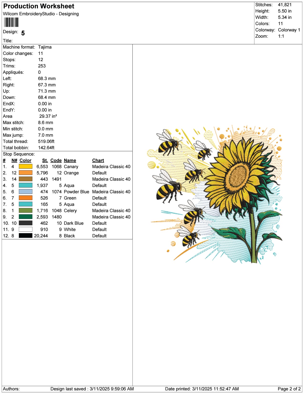 Sunflower Bee Embroidery Design Files - 9 Size's
