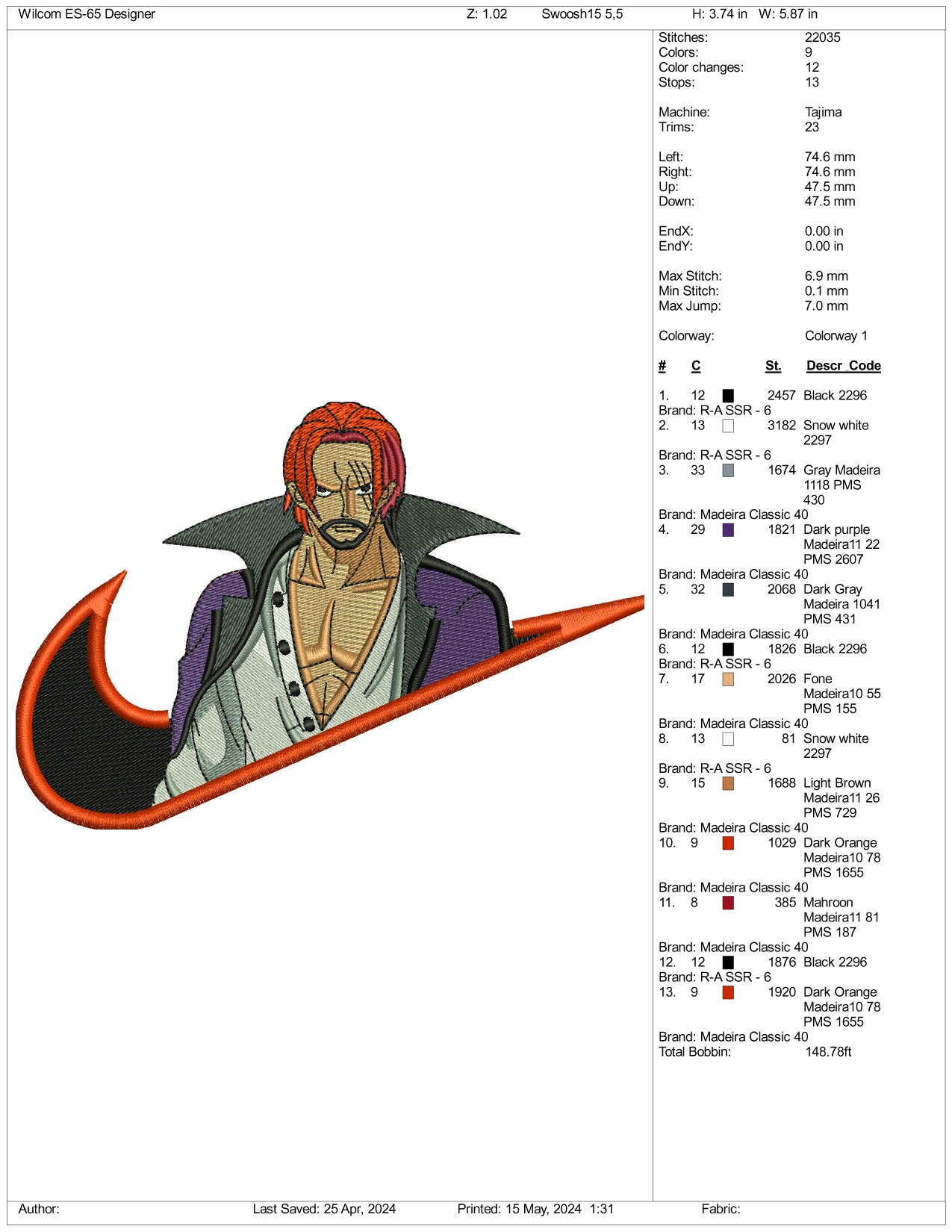 Akagami Shanks Swoosh Embroidery