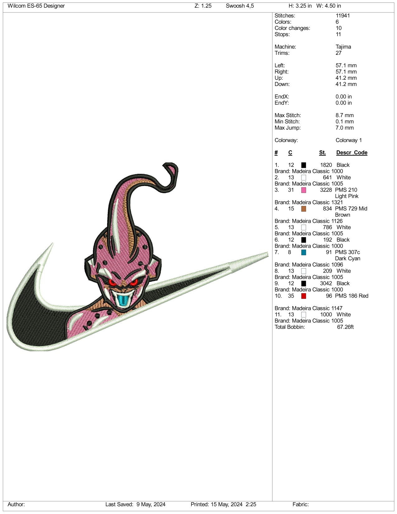 Archivos de diseño de bordado de Majin Buu Swoosh - 3 tamaños