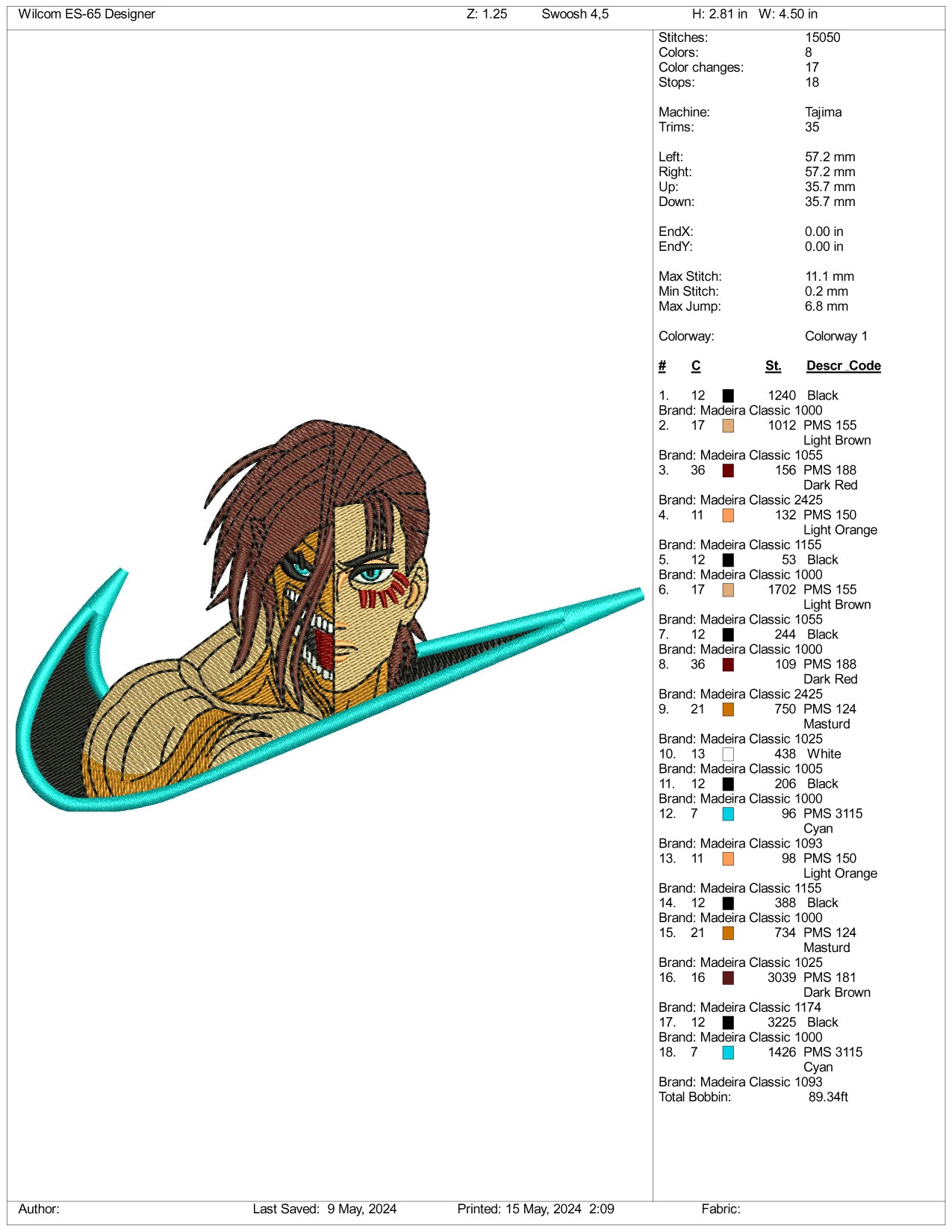 Eren titan Swoosh Embroidery Design Files - 3 Sizes