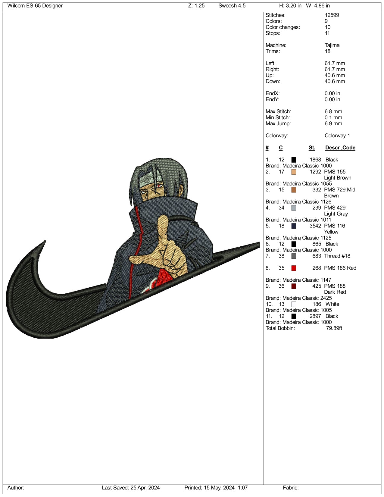 Itachi Uchiha Swoosh Embroidery Design Files - 3 Sizes