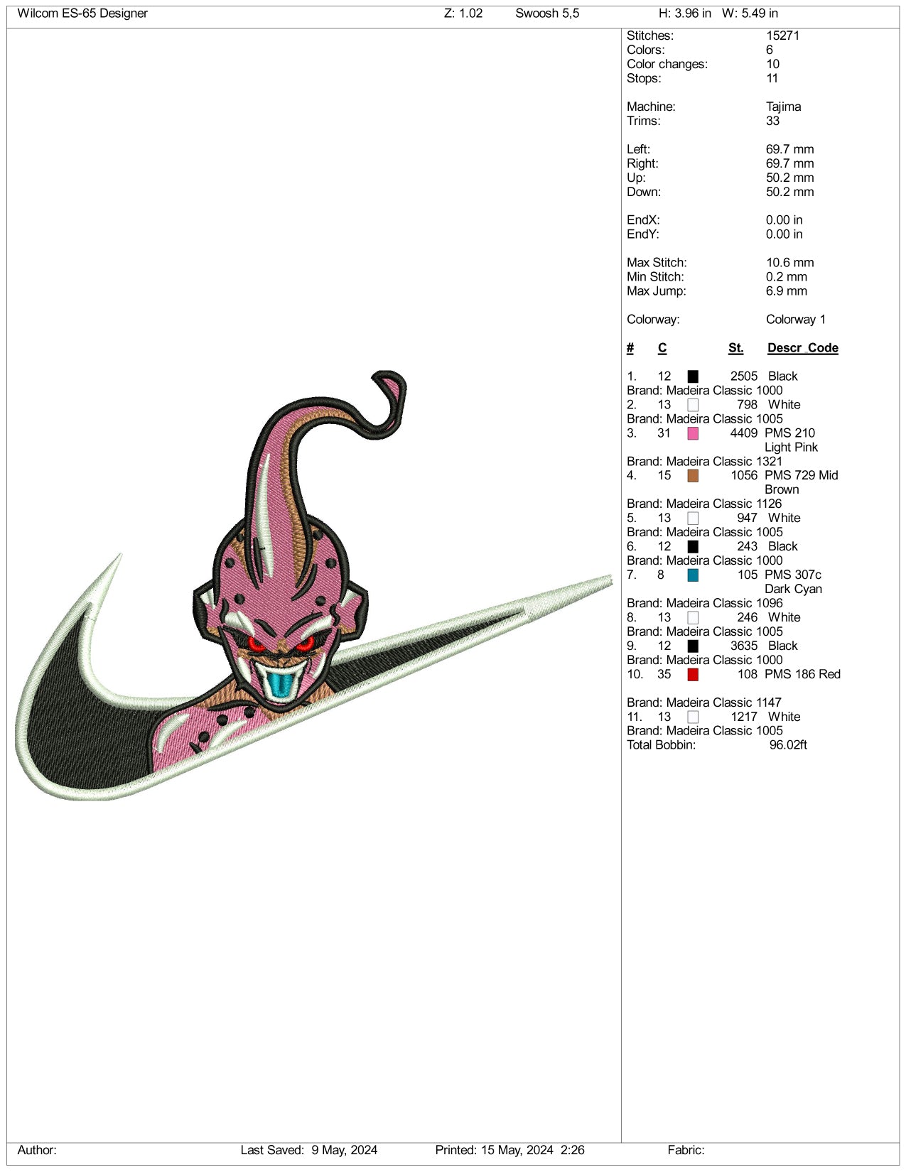 Archivos de diseño de bordado de Majin Buu Swoosh - 3 tamaños