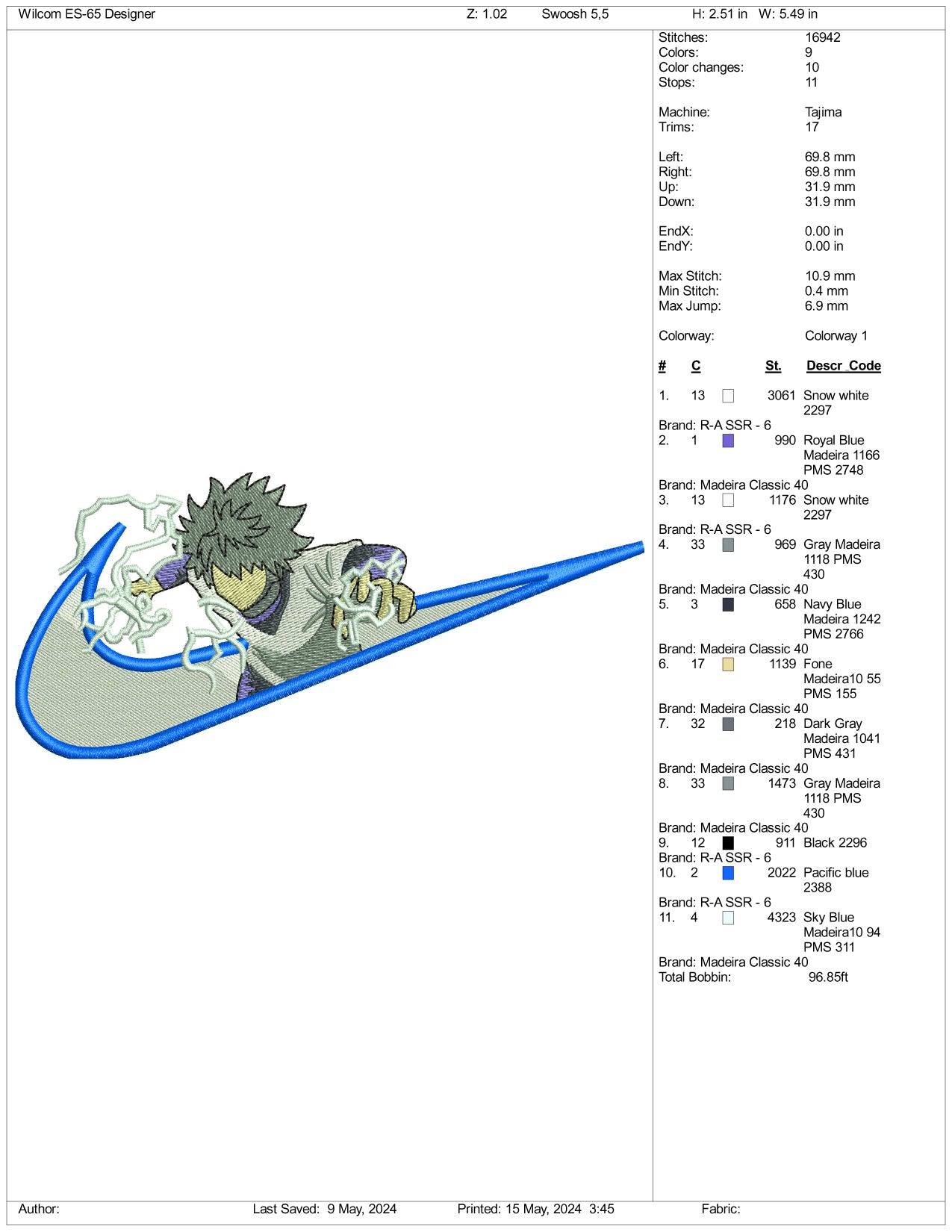 Archivos de diseño de bordado Killua Zoldyck Swoosh v3 - 3 tamaños