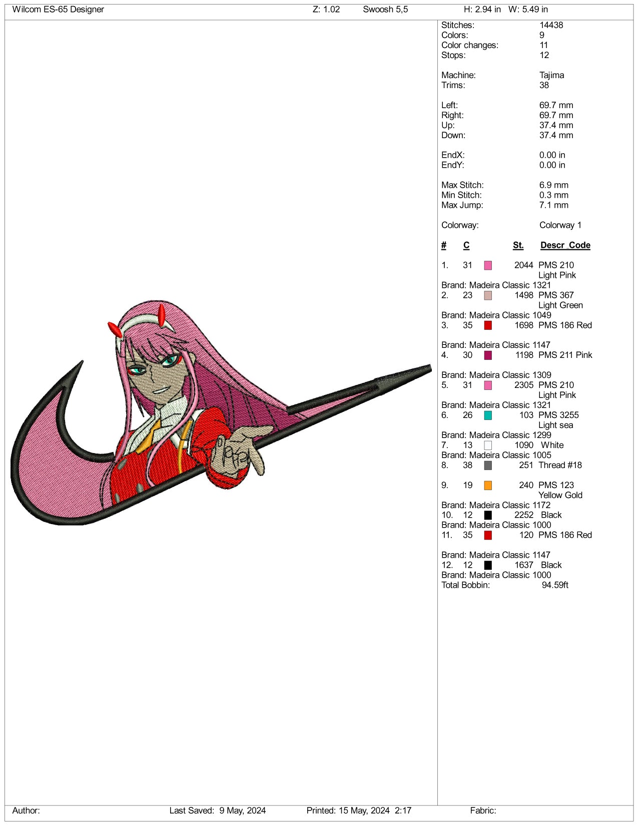 Zero Two Swoosh Embroidery Design Files - 3 Sizes