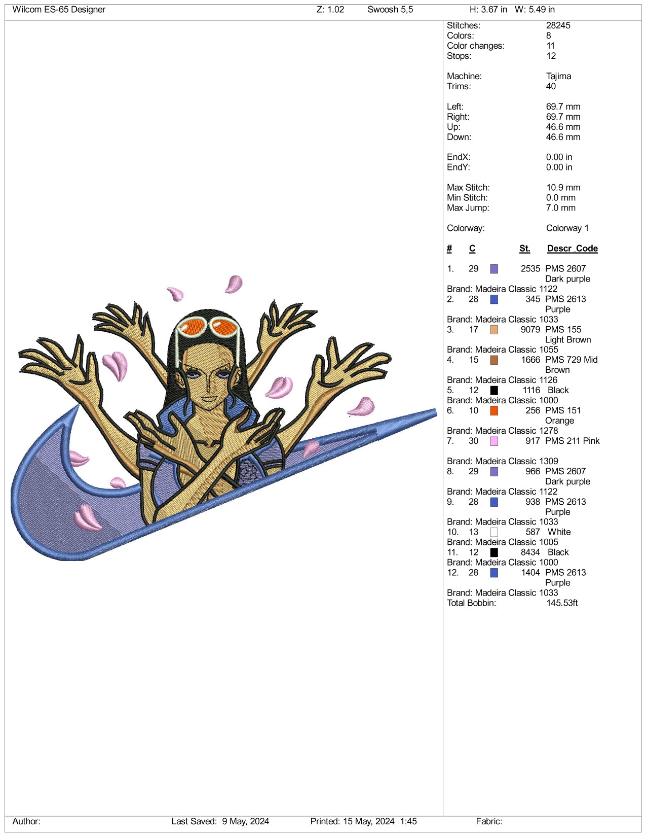Nico Robin Swoosh Embroidery Design Files - 3 Sizes