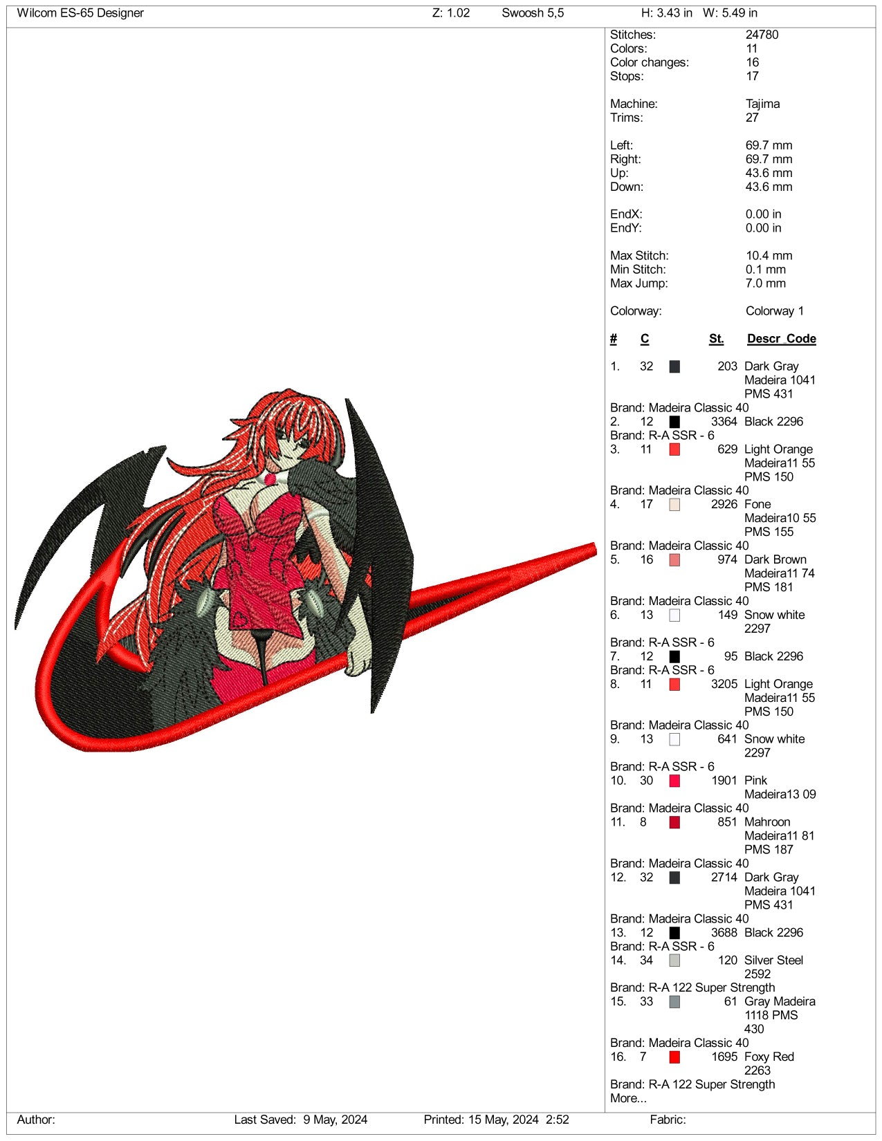 Rias Gremory Swoosh Embroidery Design Files - 3 Sizes