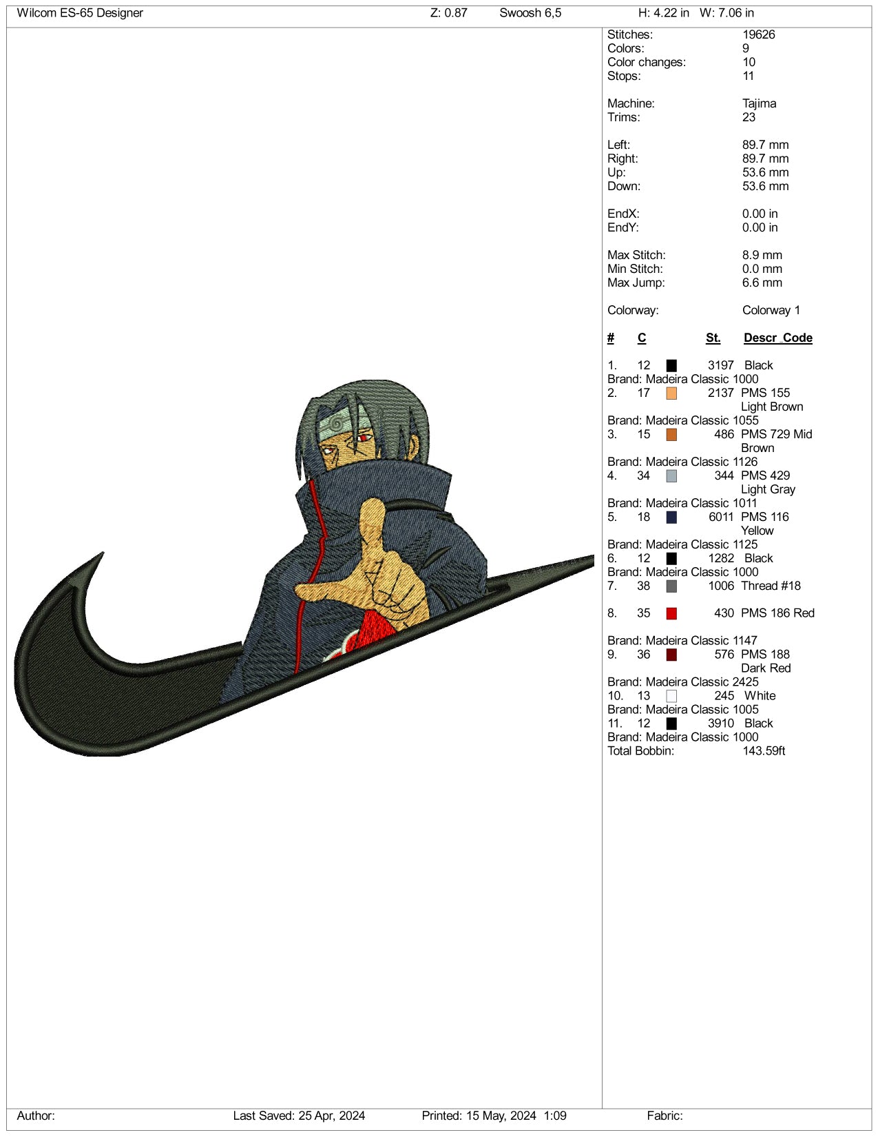 Itachi Uchiha Swoosh Embroidery Design Files - 3 Sizes