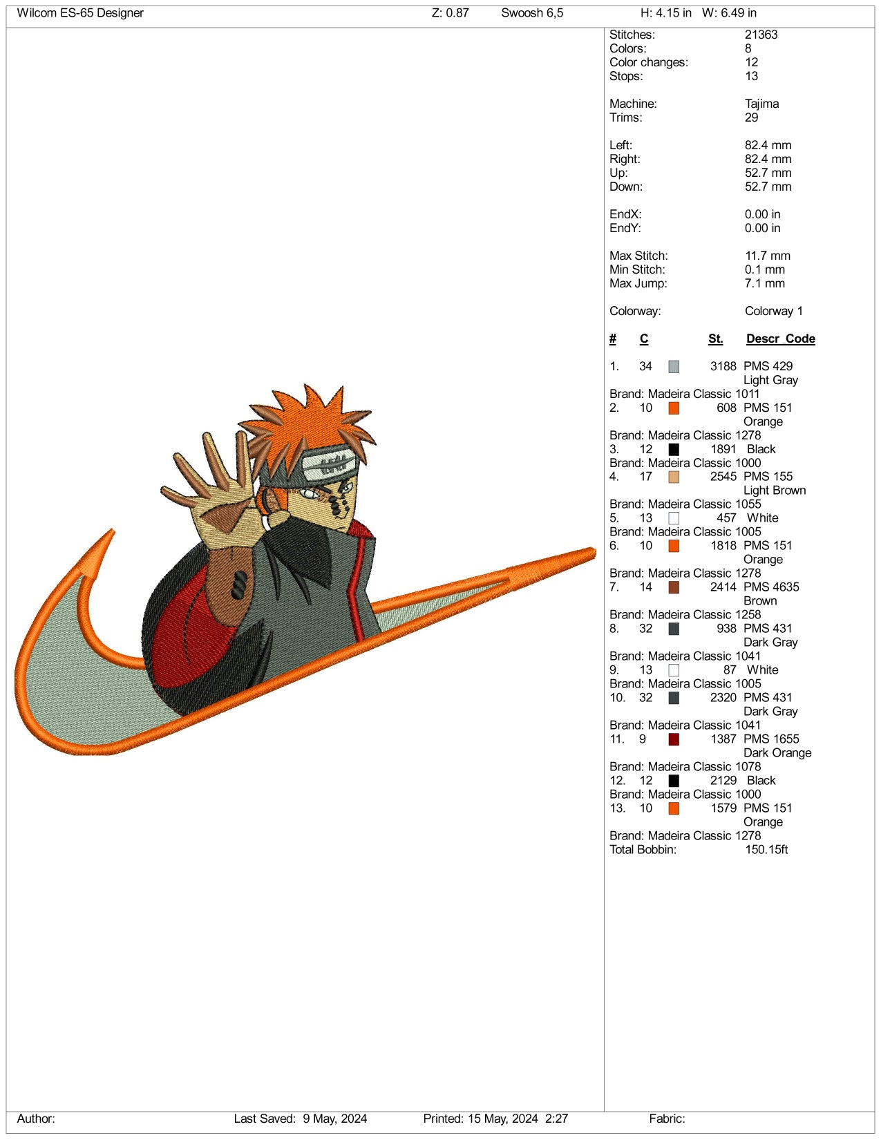 Yahiko Pain Swoosh Embroidery Design Files - 3 Sizes