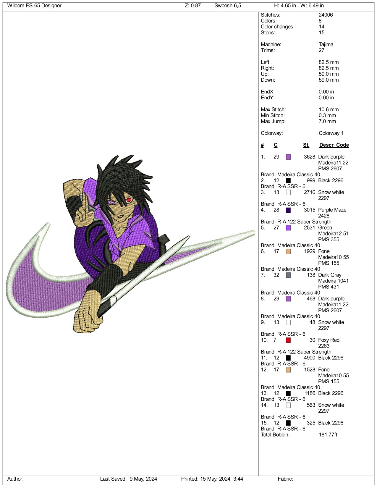 Archivos de diseño de bordado Sasuke Uchiha Swoosh v2 - 3 tamaños