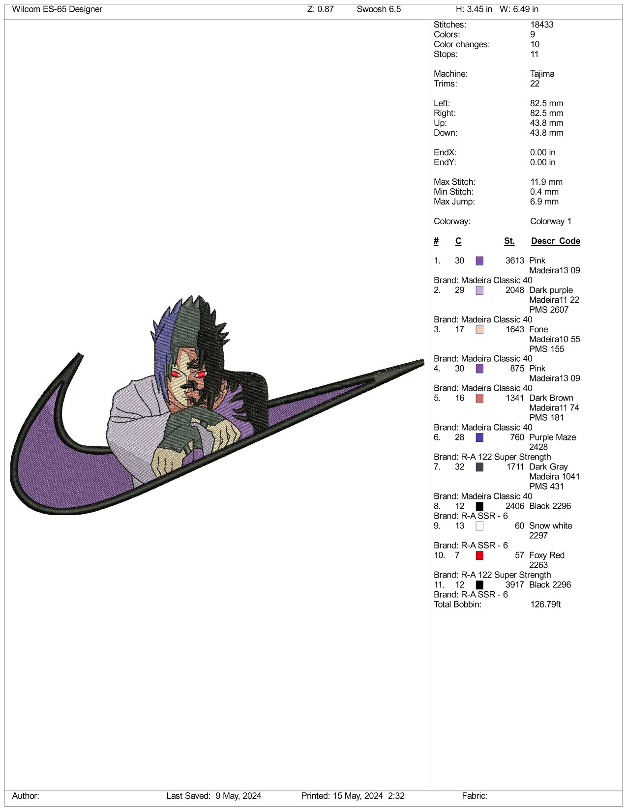 Archivos de diseño de bordado Sasuke Uchiha Swoosh v1 - 3 tamaños