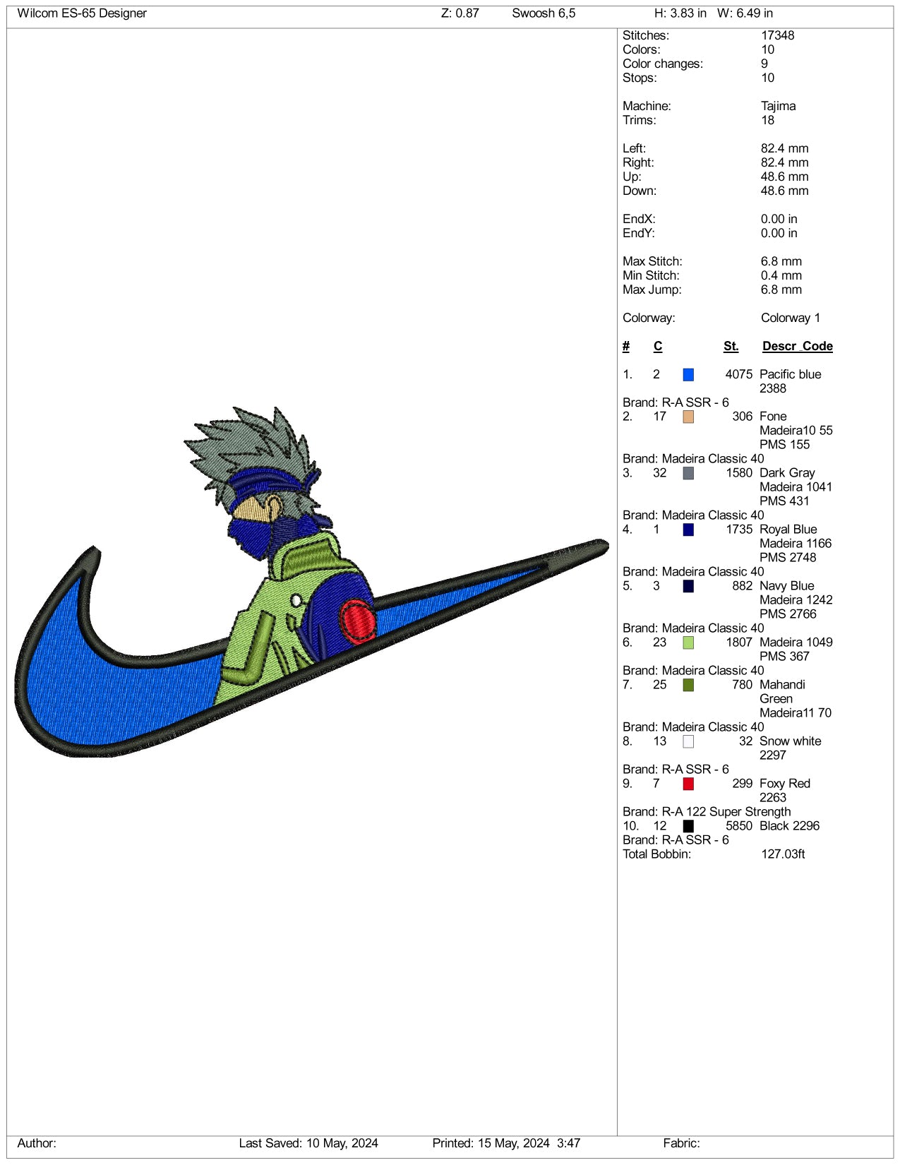 Archivos de diseño de bordado Swoosh v1 de Kakashi Hatake (3 tamaños)