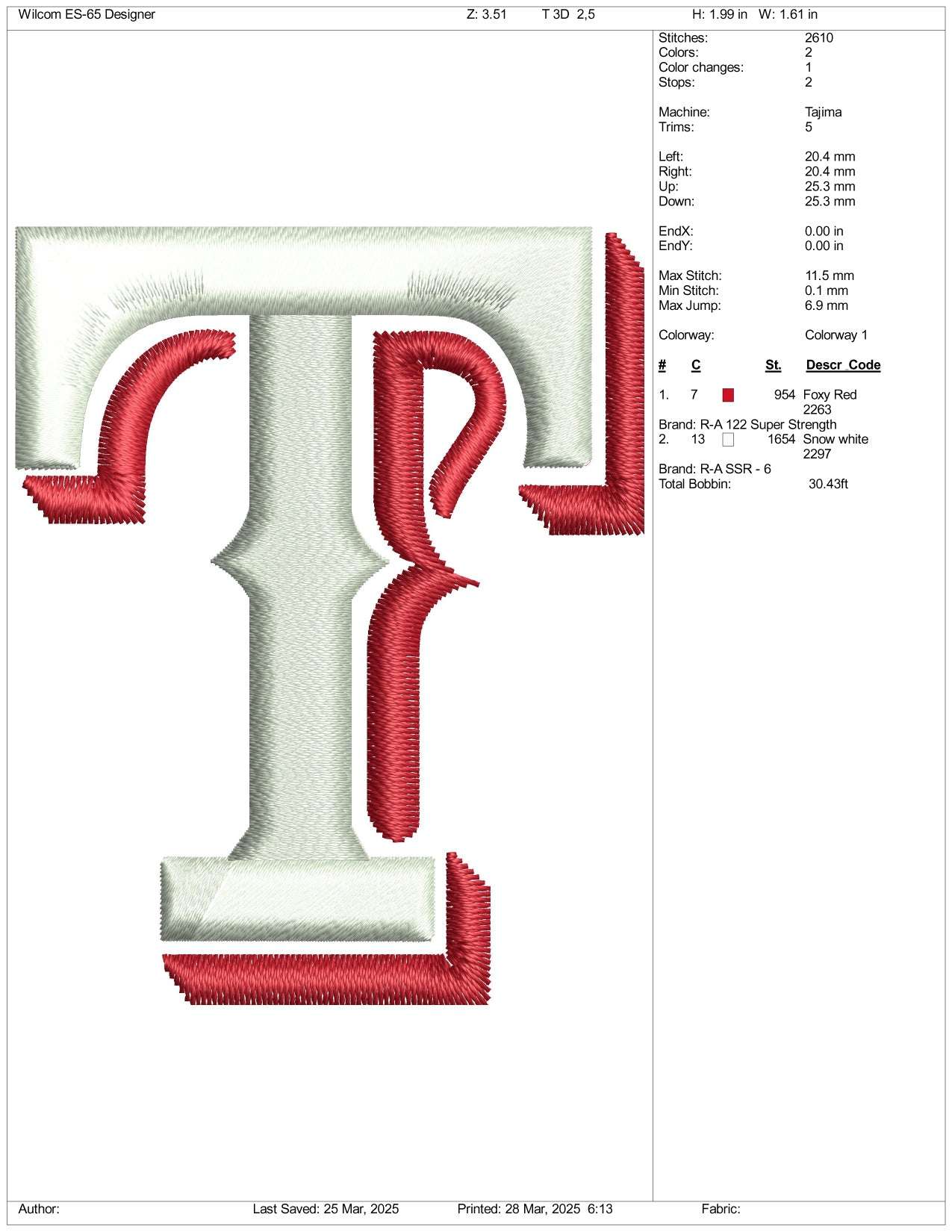 Texan Baseball 3D Embroidery Design Files - 3 Size's