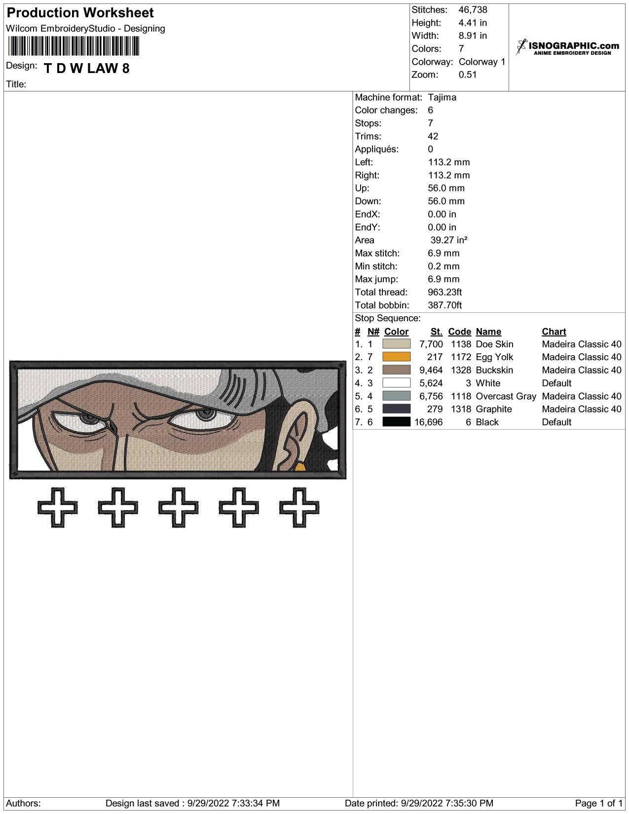 Trafalgar Law Embroidery Design Files - 4 Size's