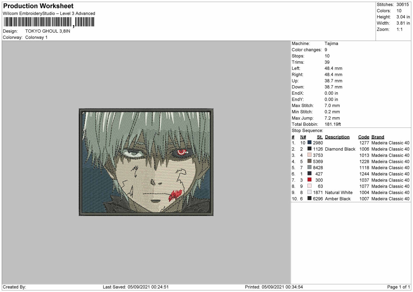 Ken Kaneki v5 Embroidery Design Files - 4 Size's