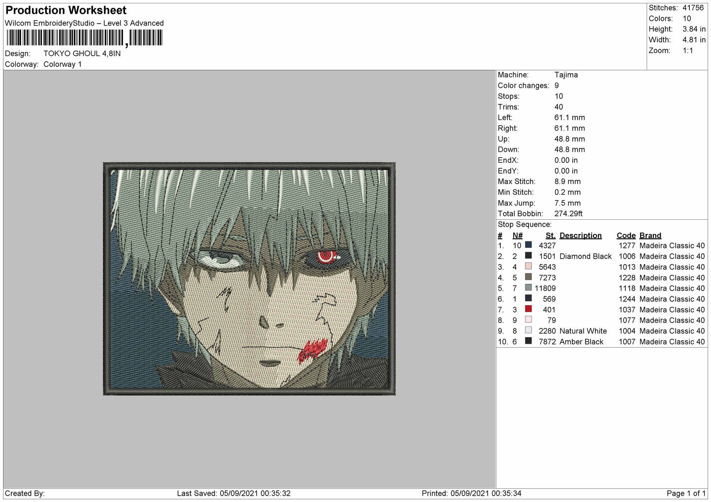 Ken Kaneki v5 Embroidery Design Files - 4 Size's
