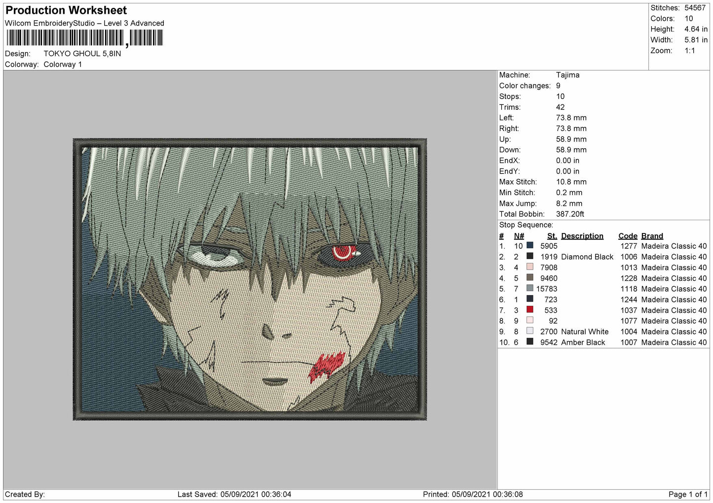Ken Kaneki v5 Embroidery Design Files - 4 Size's