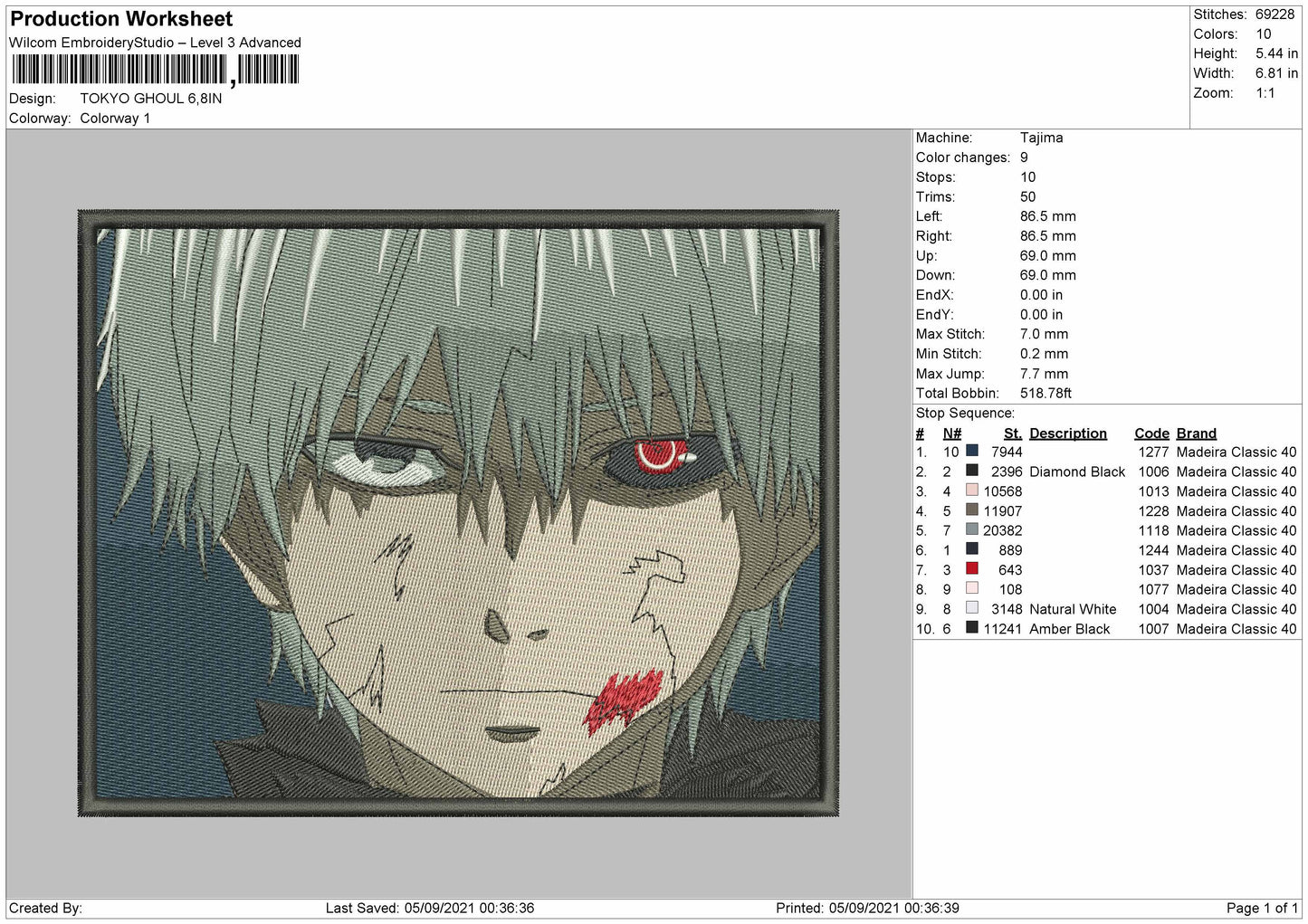 Ken Kaneki v5 Embroidery Design Files - 4 Size's