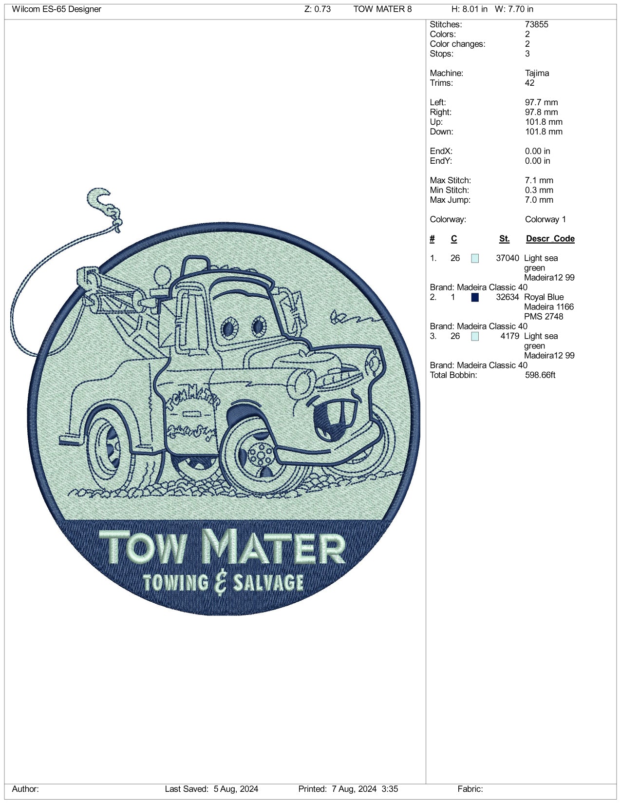 Tow Mater Embroidery Design Files - 3 Size's