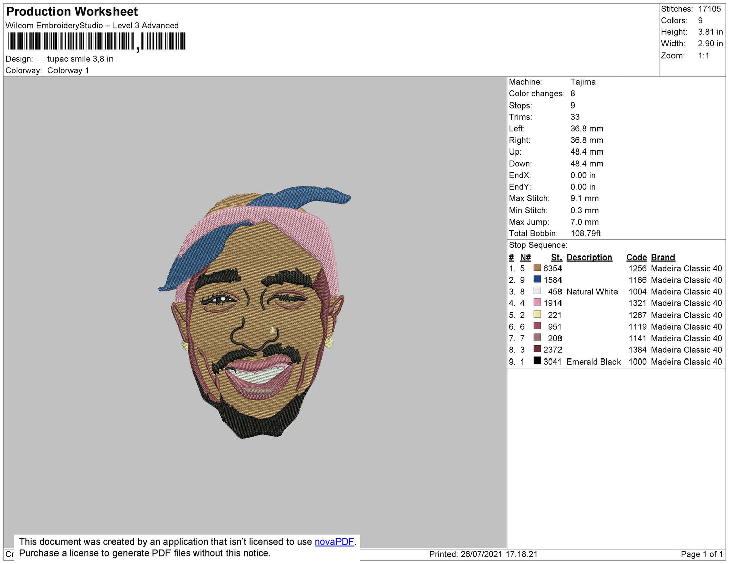 Tupac Smile Embroidery Design Files - 5 Size's
