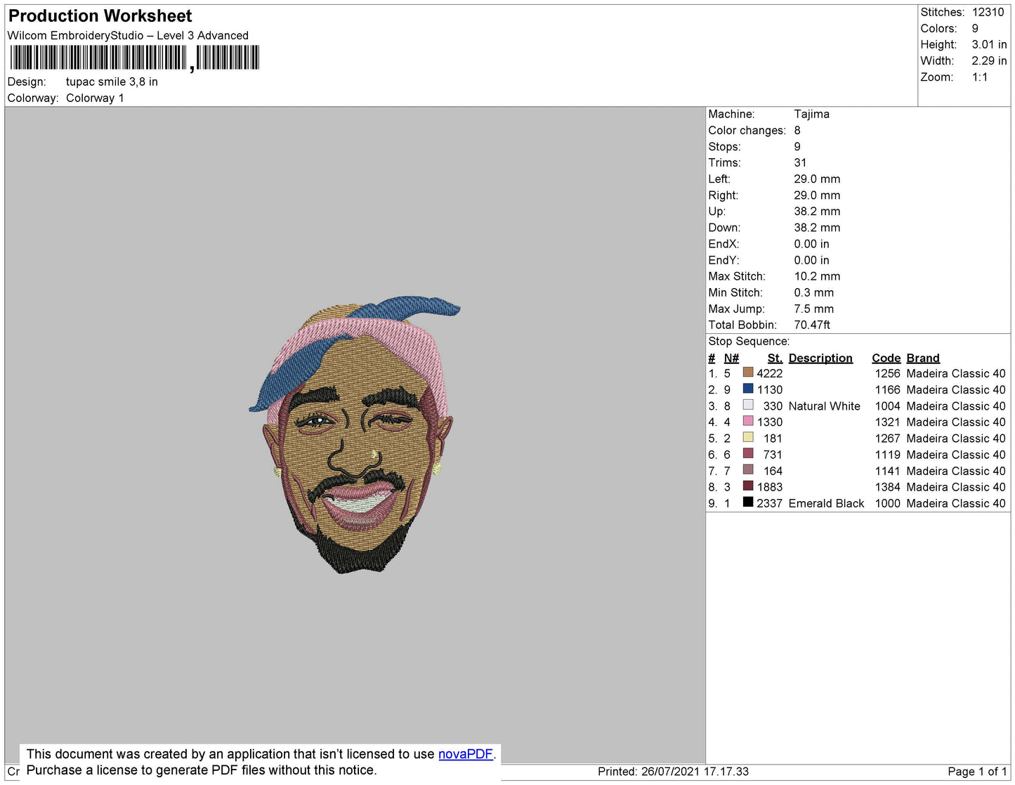 Tupac Smile Embroidery Design Files - 5 Size's