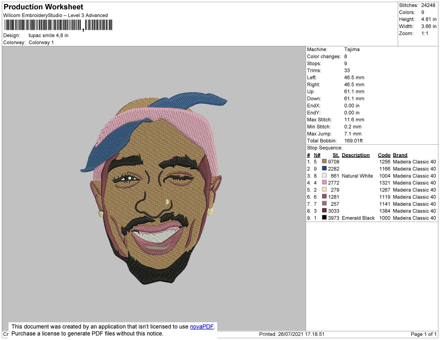 Tupac Smile Embroidery Design Files - 5 Size's