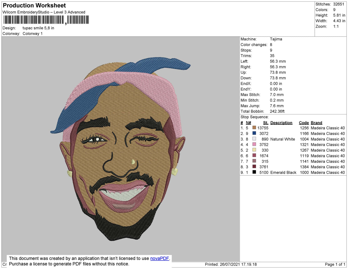 Tupac Smile Embroidery Design Files - 5 Size's