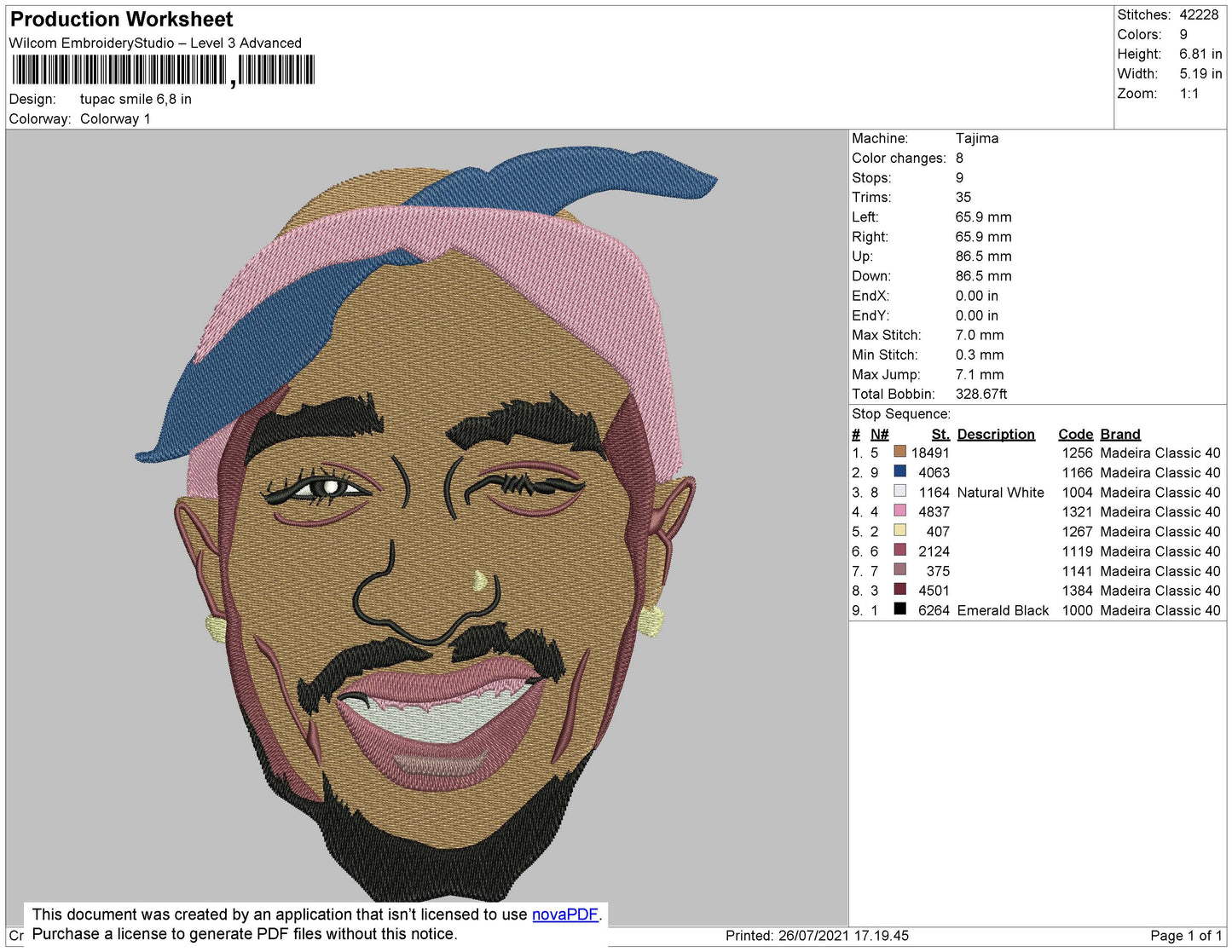 Tupac Smile Embroidery Design Files - 5 Size's