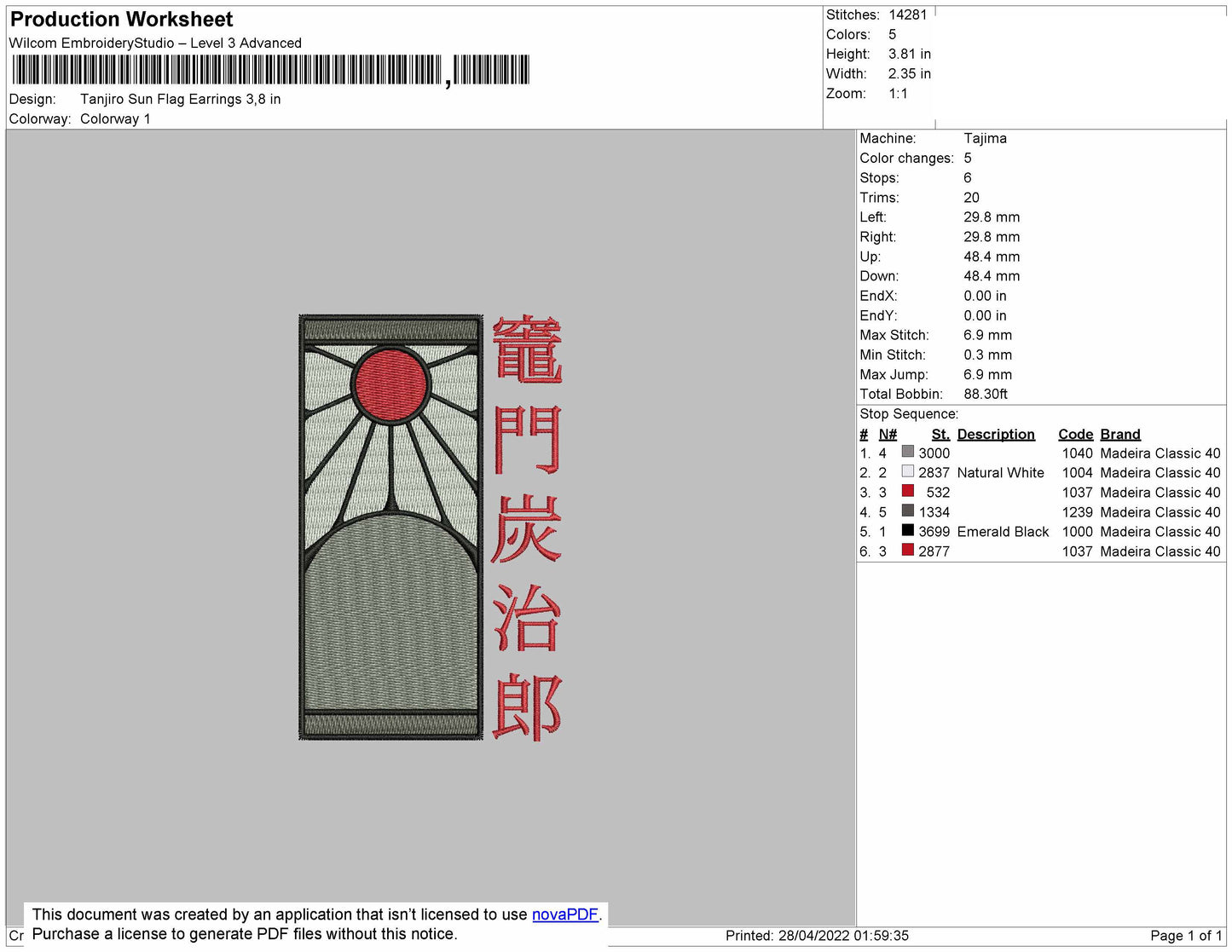 Tanjiro Sun Flag Earrings Embroidery Design Files - 4 Size's