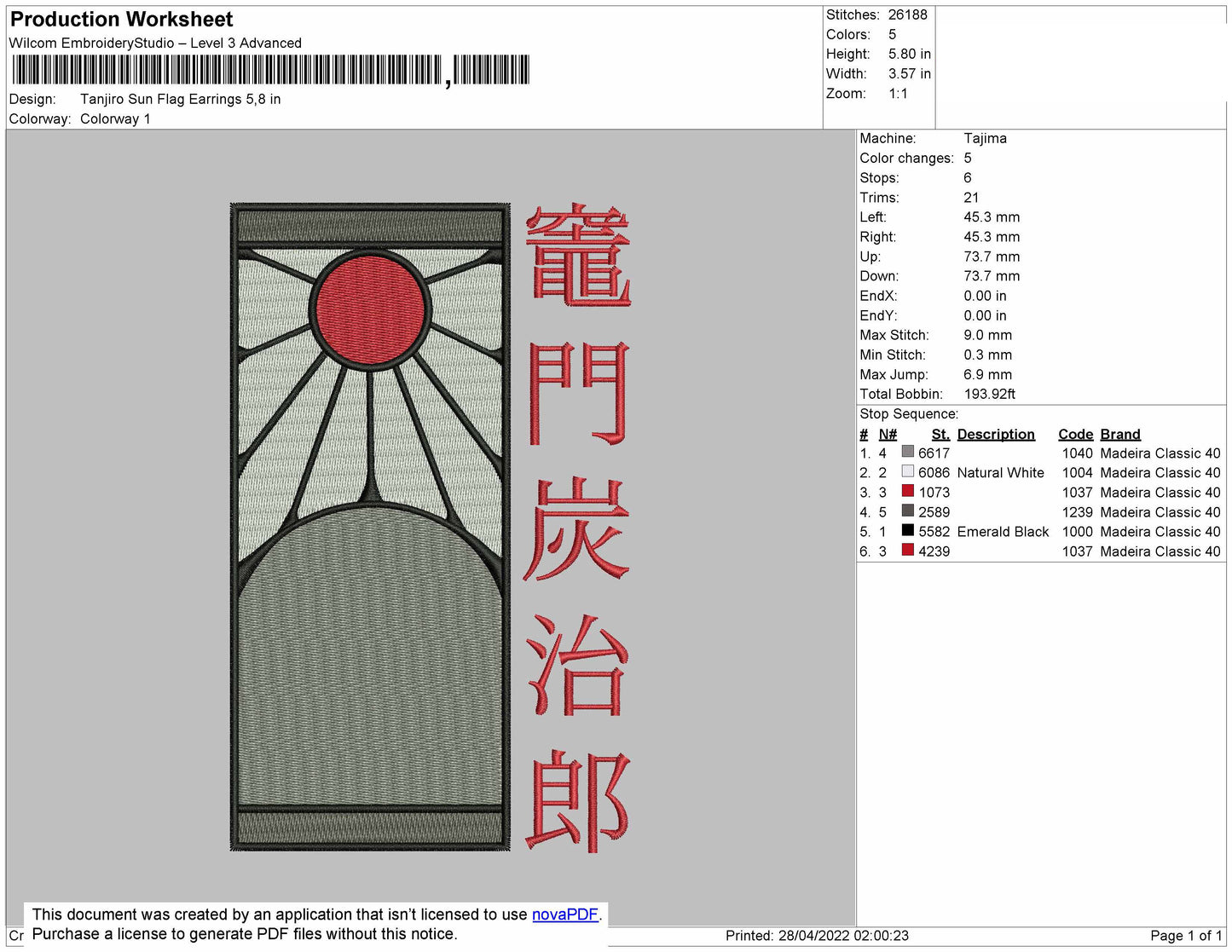 Tanjiro Sun Flag Earrings Embroidery Design Files - 4 Size's