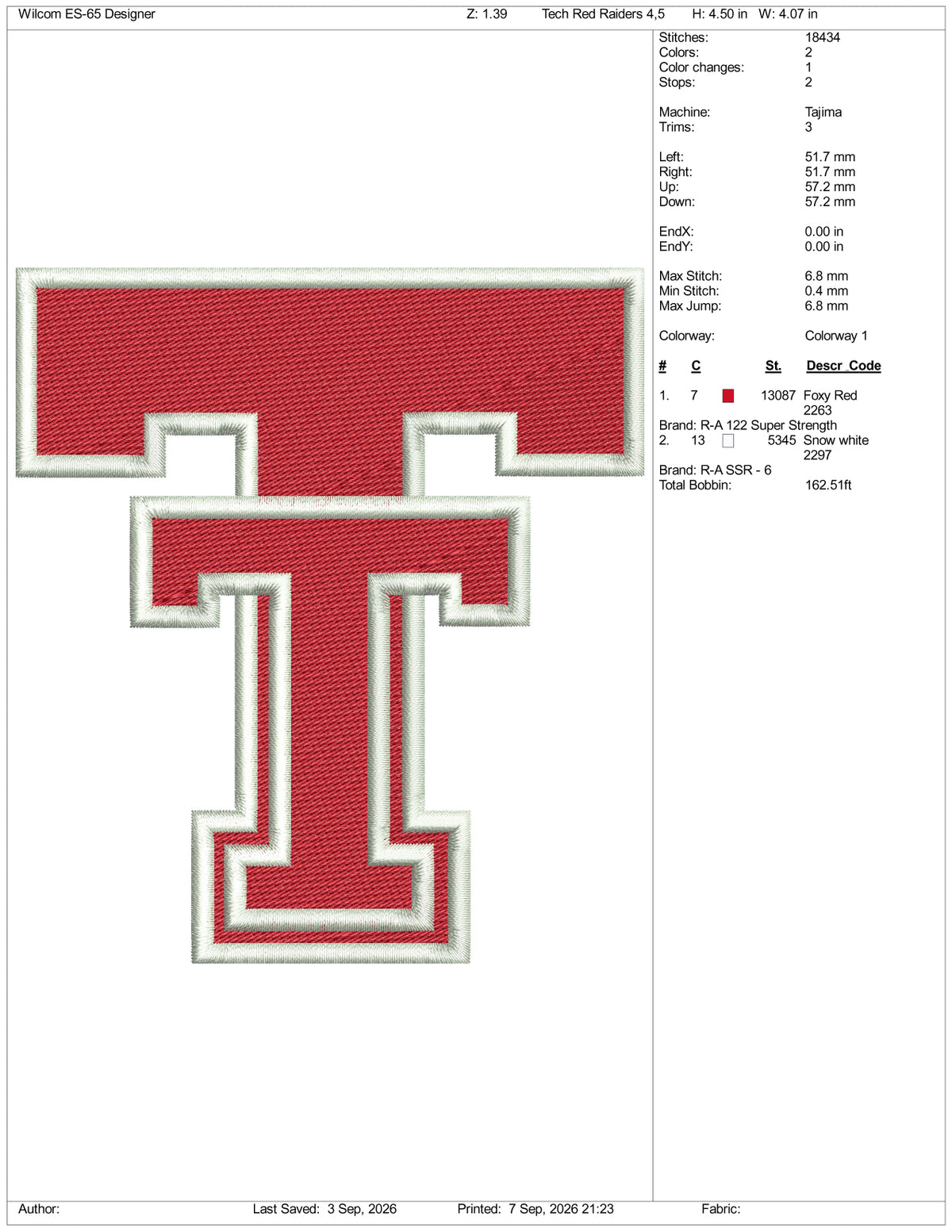 Tech Red Raiders Logo Embroidery Design Files - 3 Size's
