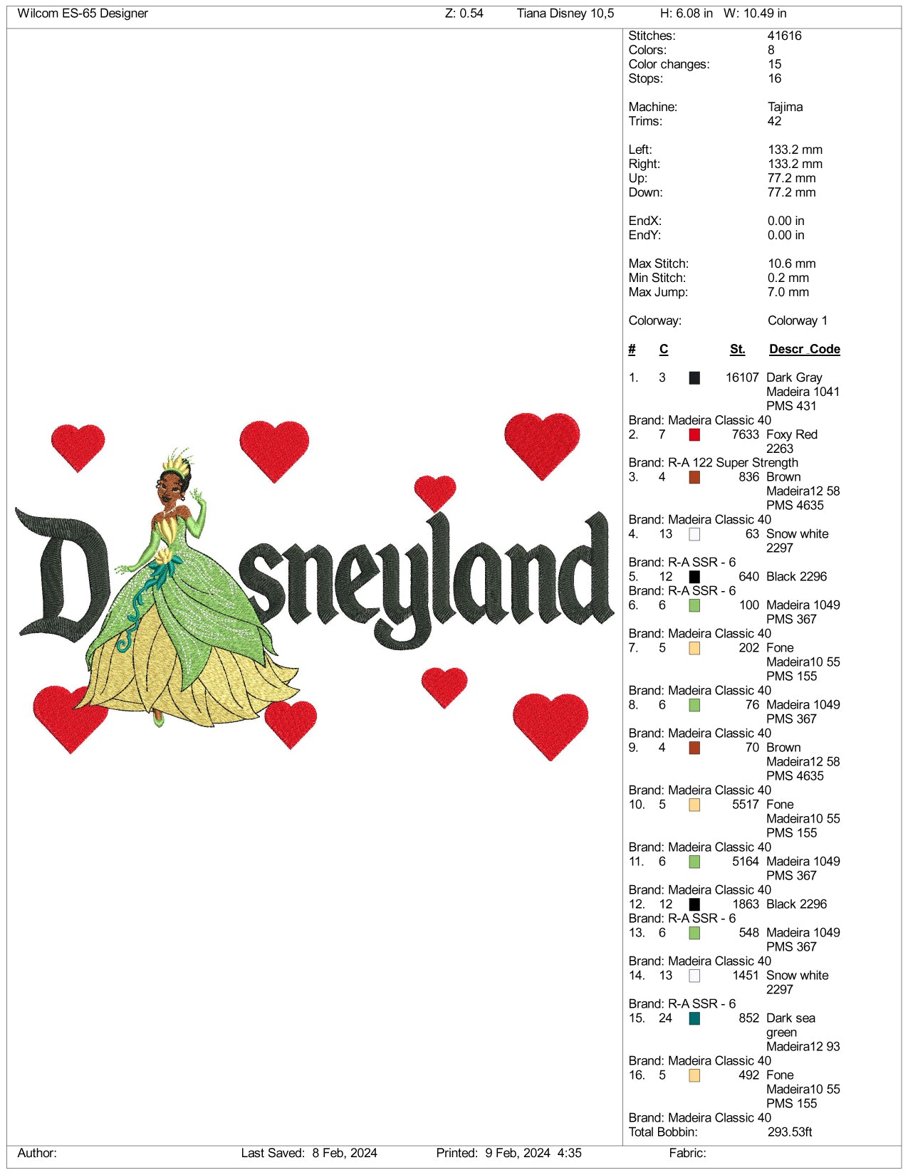 Archivos de diseño de bordado de la Princesa Tiana de Disneyland (3 tamaños)