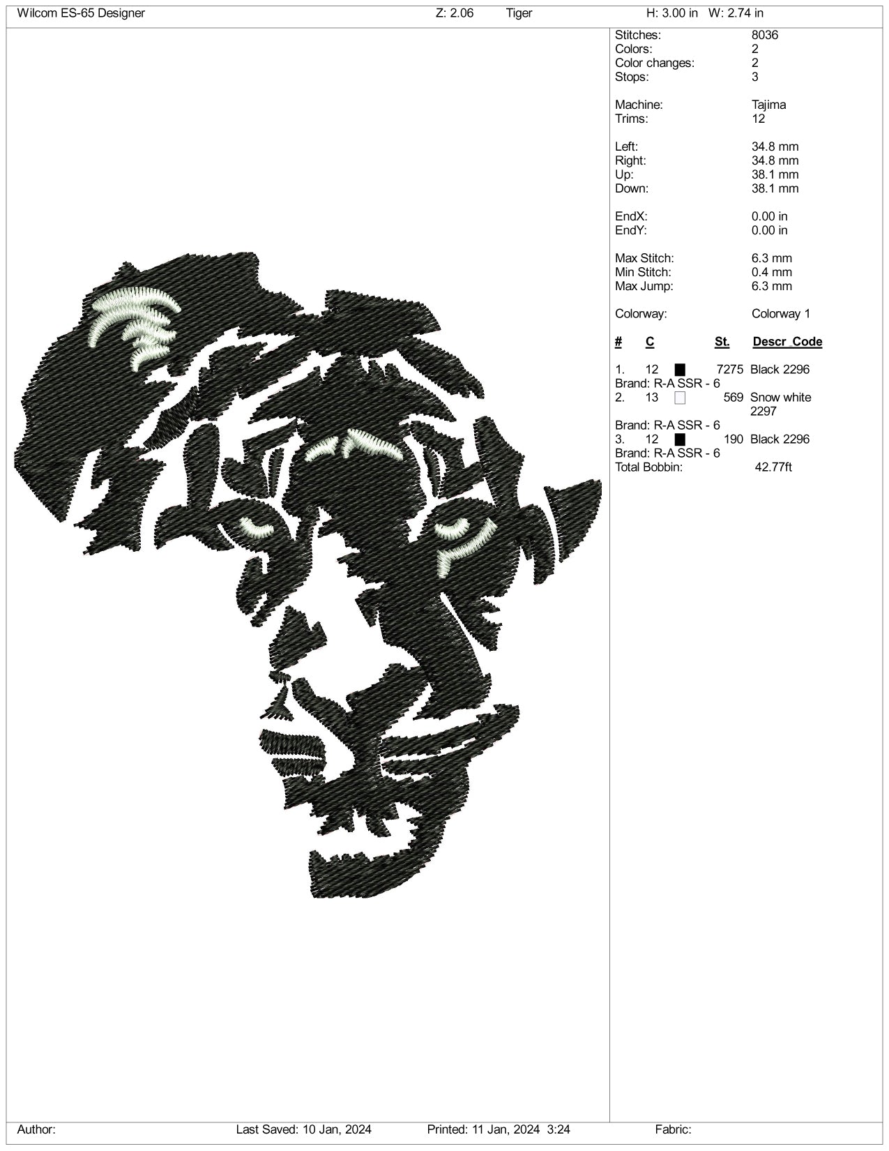 Tiger Map Embroidery Design Files - 3 Size's