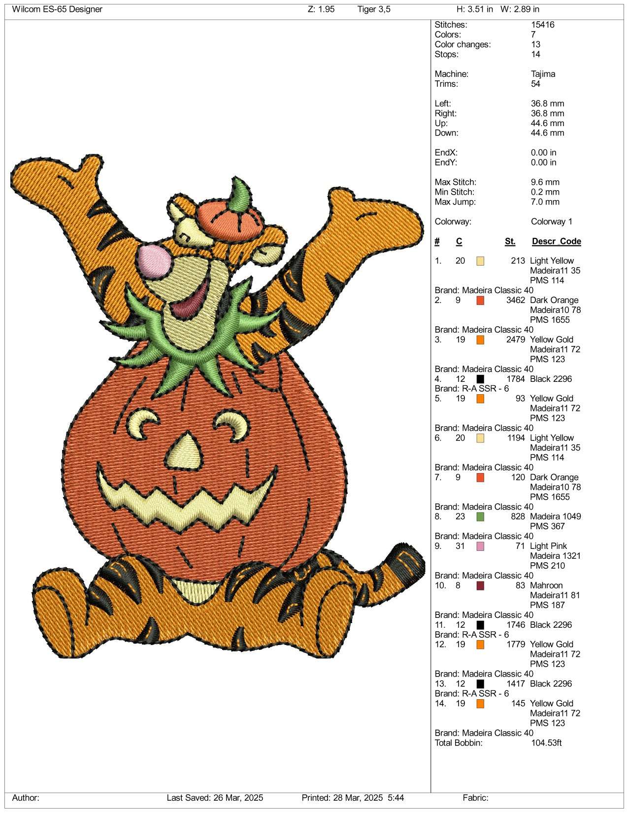 Pumpkin Tiger Embroidery Design Files - 3 Size's
