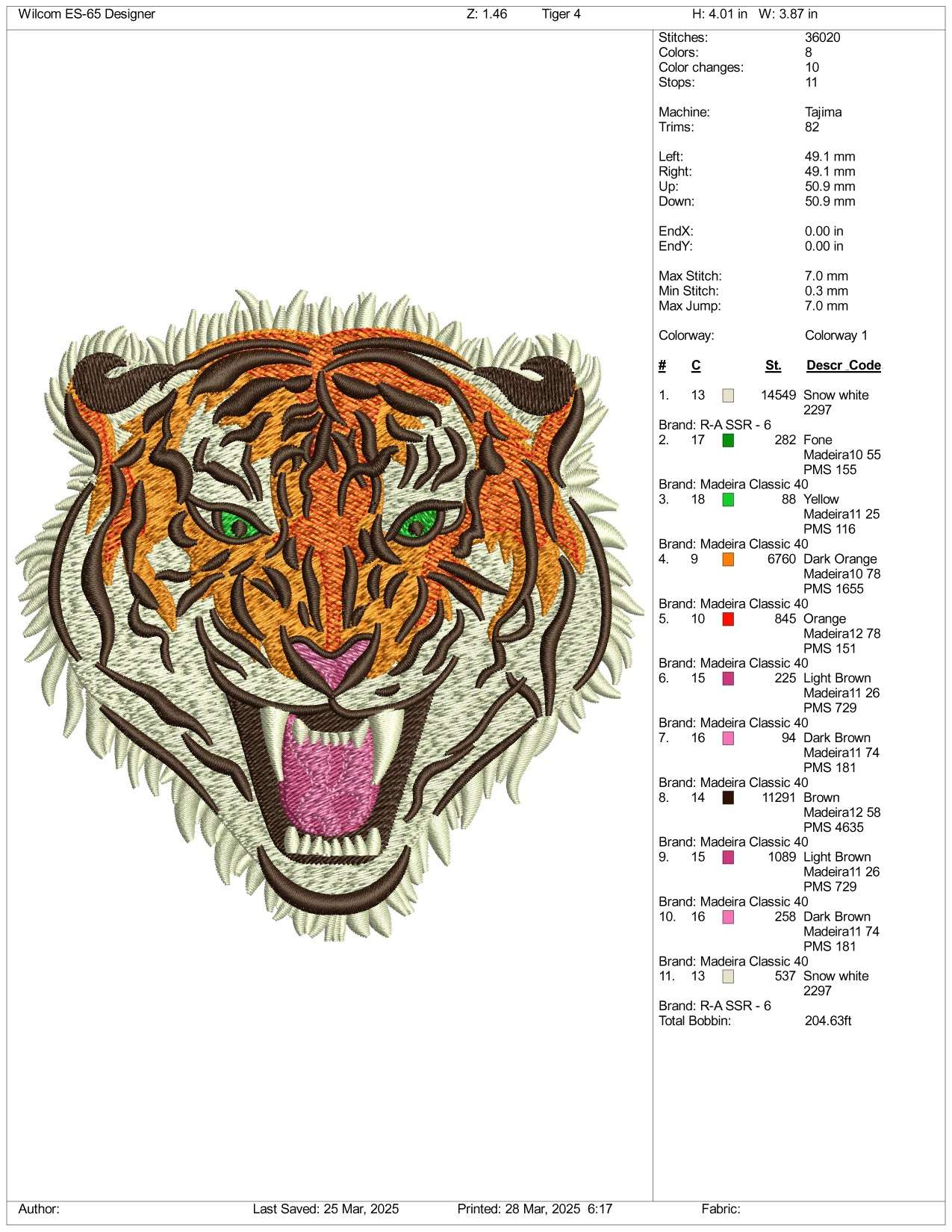 Tiger Face v4 Embroidery Design Files - 3 Size's