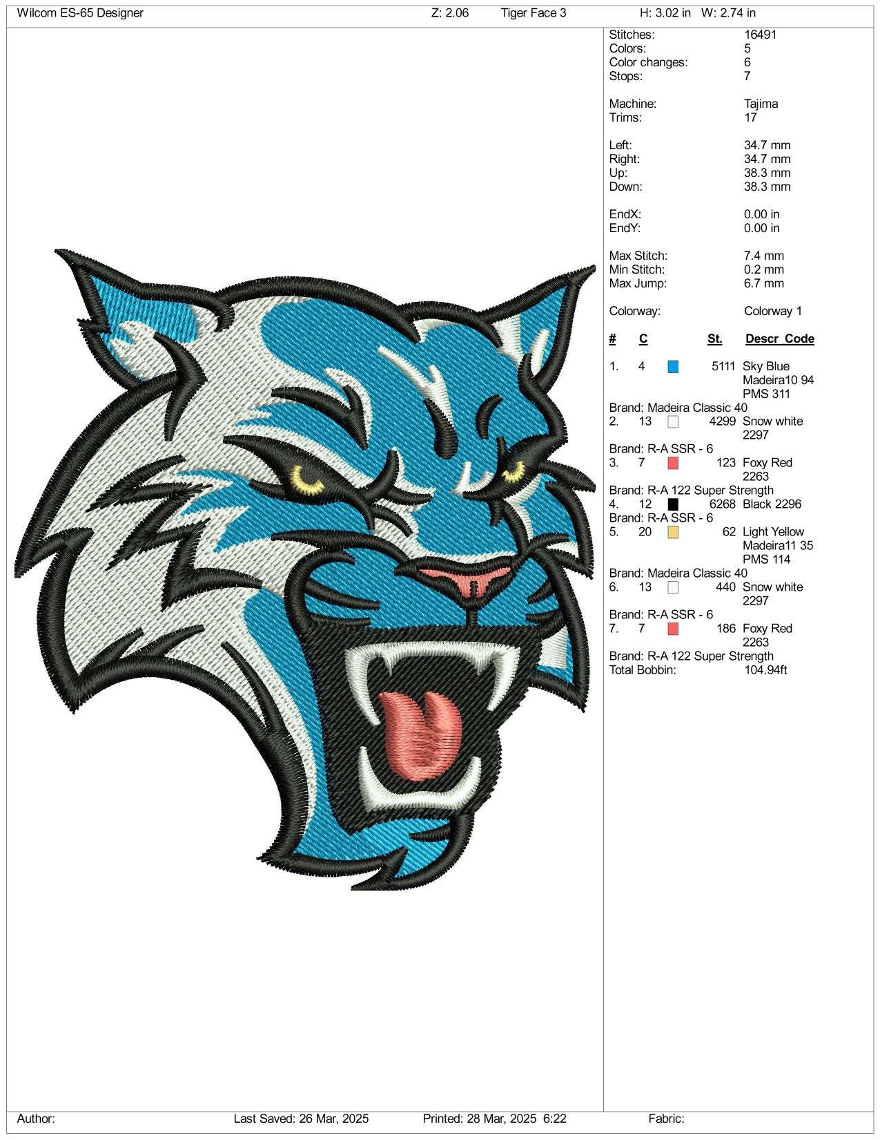 White Tiger Embroidery Design Files - 4 Size's