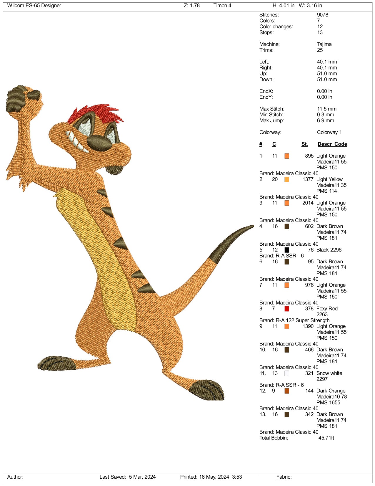 Timon Embroidery Design Files - 3 Size's