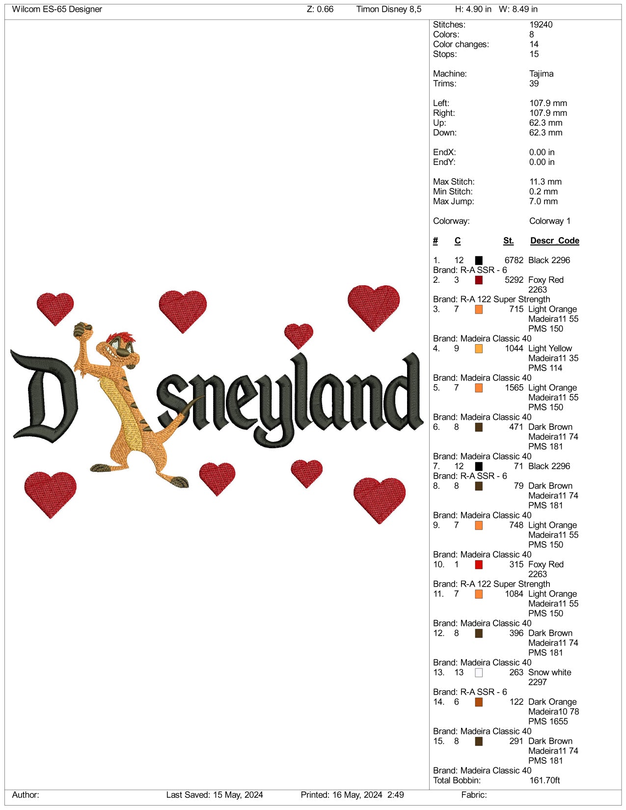 Archivos de diseño de bordado de Timon Disneyland - 3 tamaños