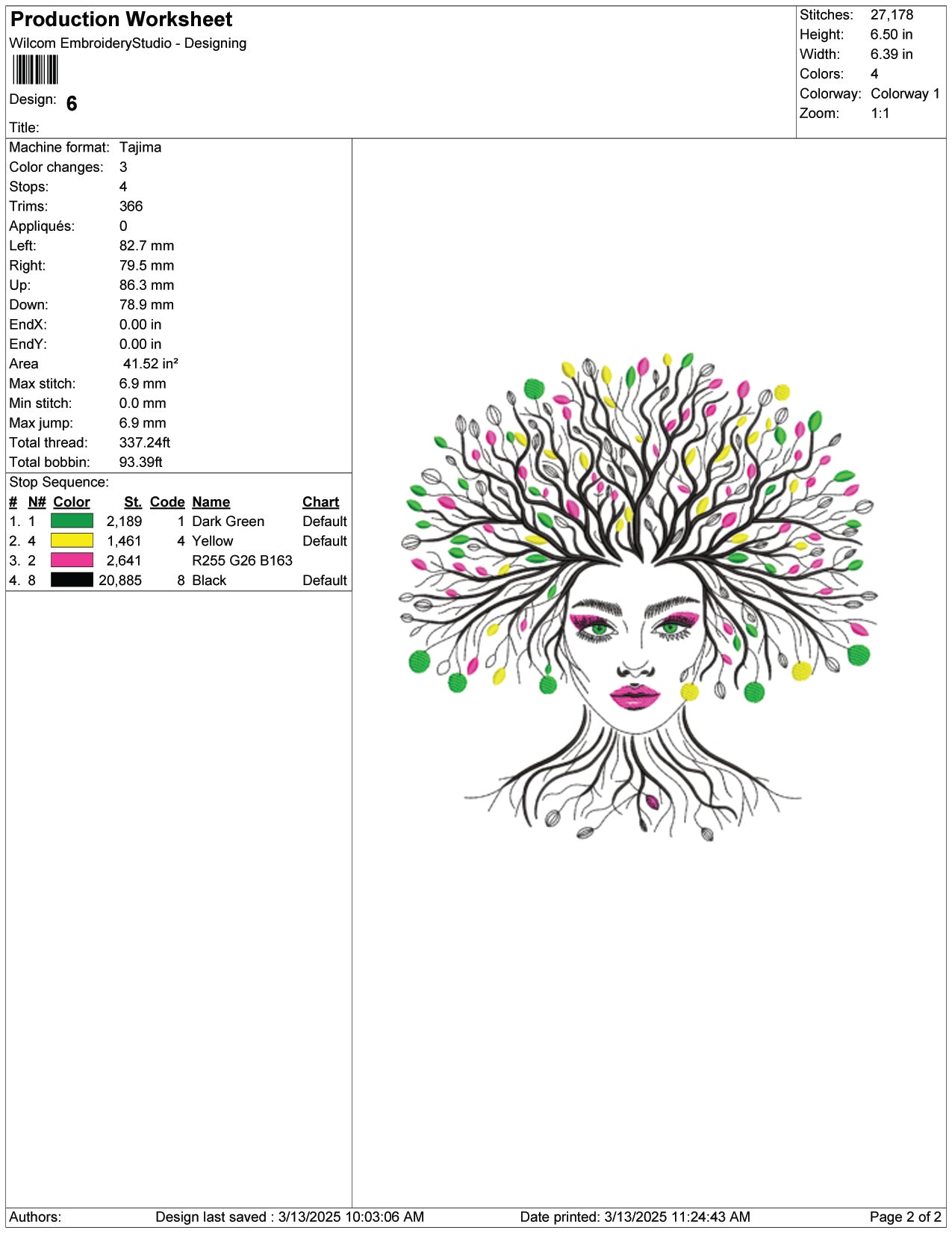 Tree Hair Face Embroidery Design Files - 7 Size's