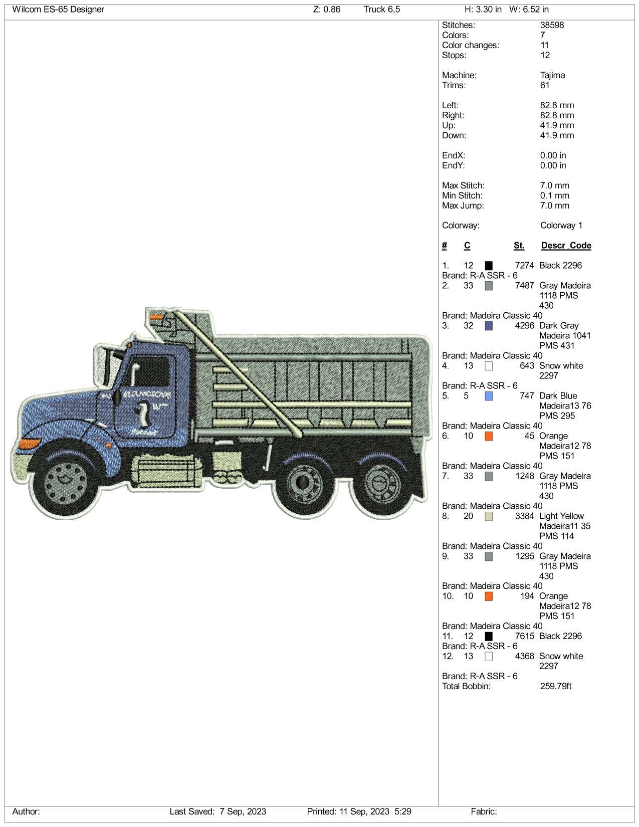 Dump Truck Embroidery Design Files - 3 Size's