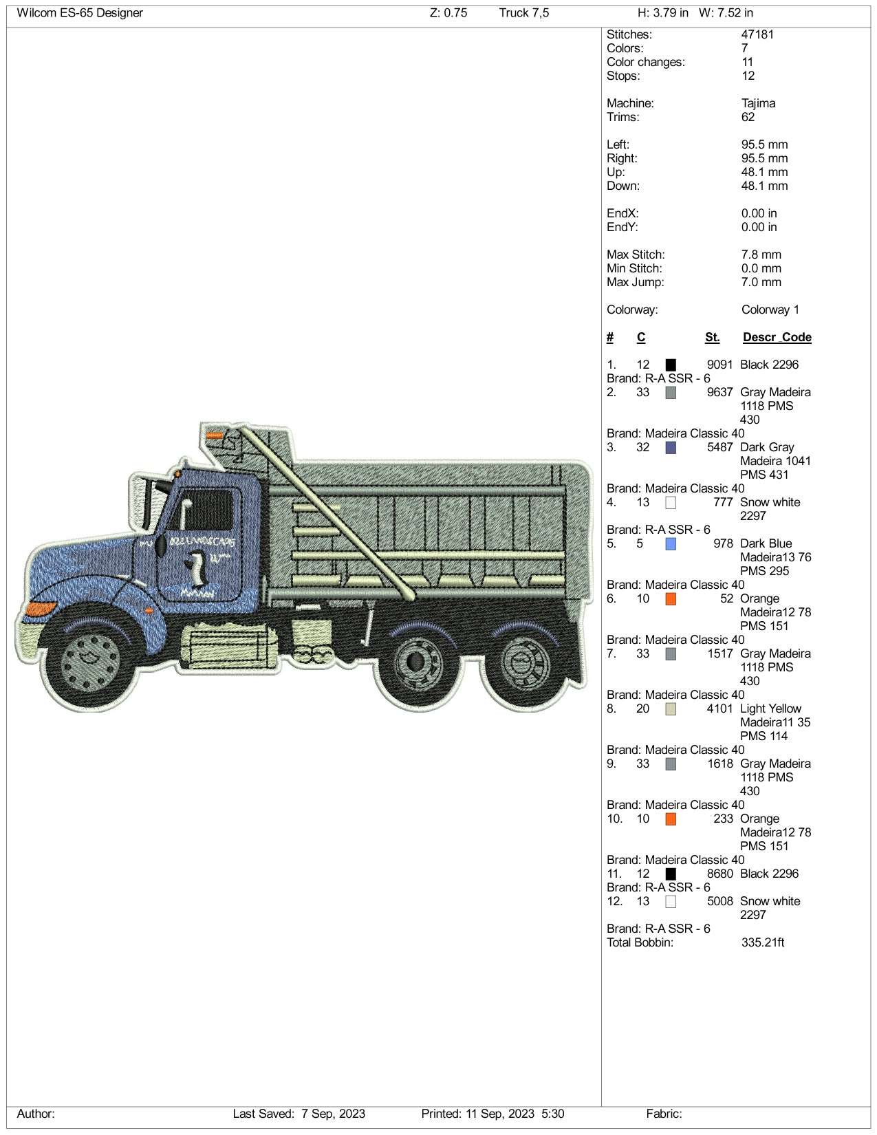 Dump Truck Embroidery Design Files - 3 Size's