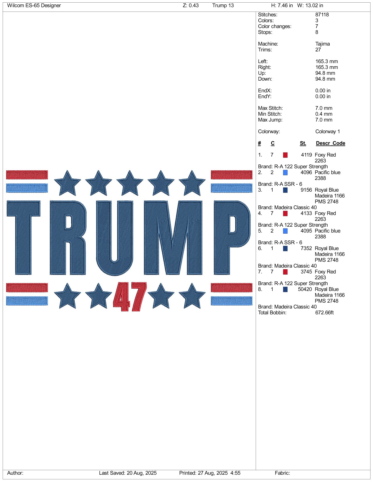 Trump 47 Embroidery Design Files - 3 Size's