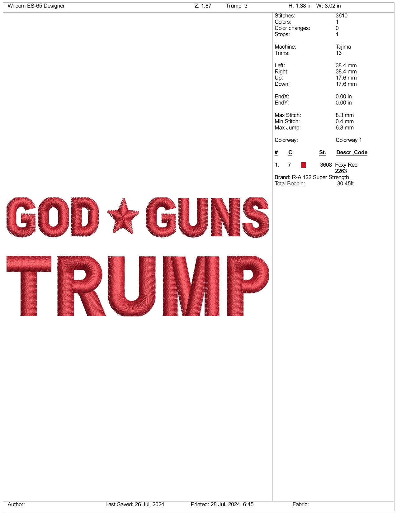 Archivos de bordado de God Guns Trump - 3 tamaños