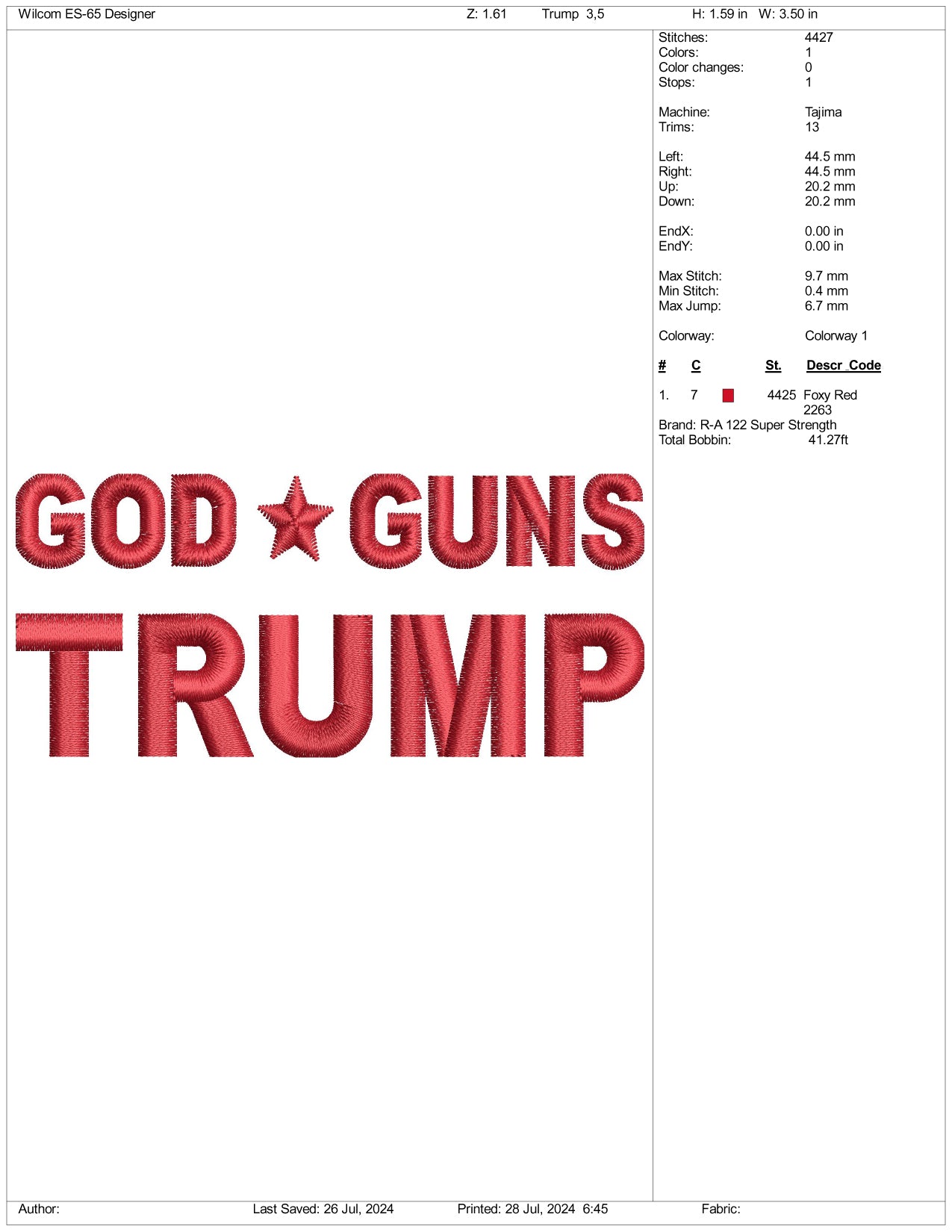 Archivos de bordado de God Guns Trump - 3 tamaños