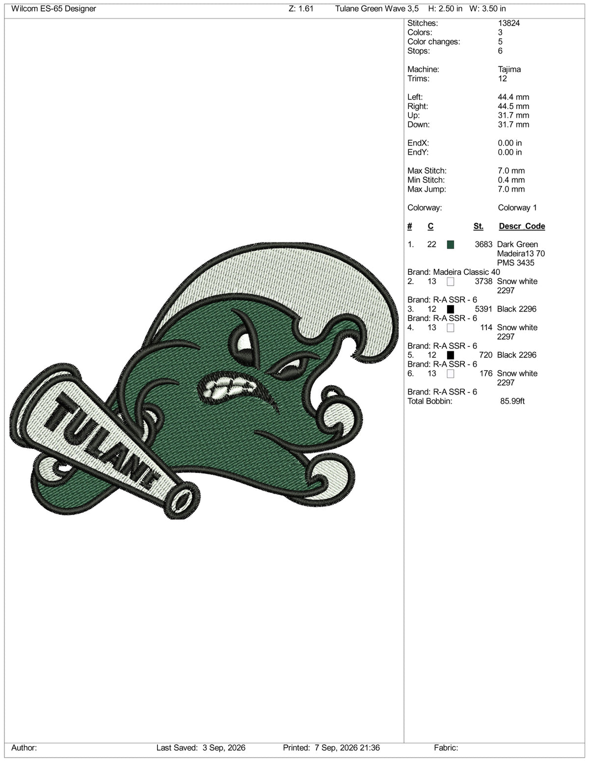 Tulane Green Wave Logo Embroidery Design Files - 3 Size's