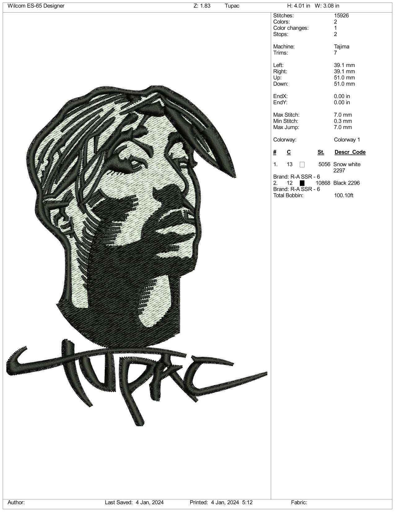Archivos de diseño de bordado de cara de Tupac - 3 tamaños