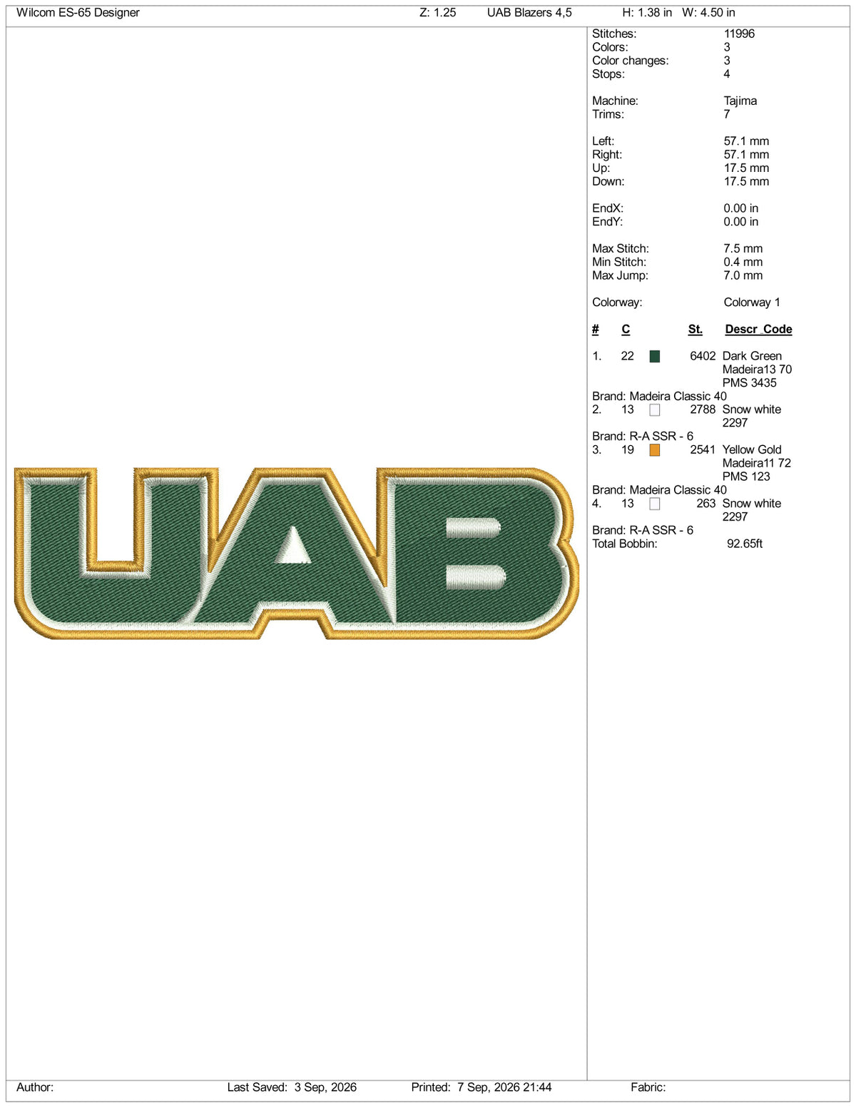 UAB Blazers Logo Embroidery Design Files - 3 Size's