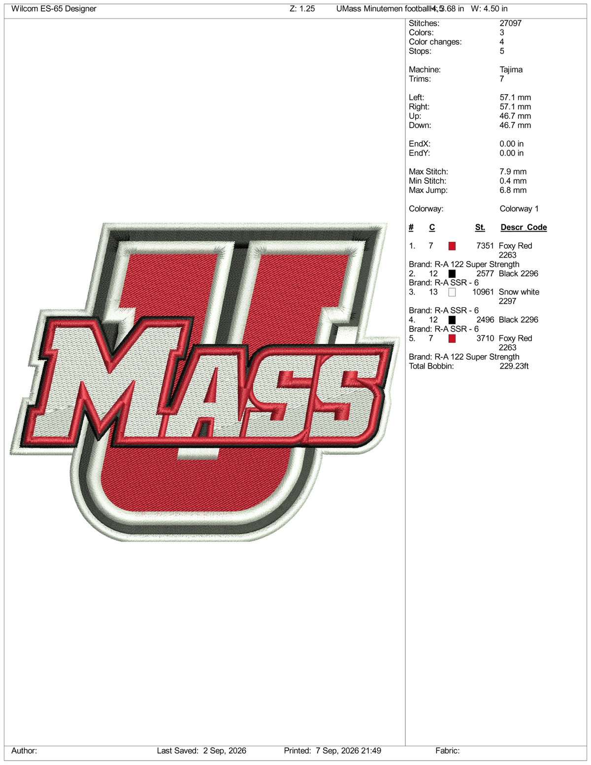 UMass Minutemen football Logo Embroidery Design Files - 3 Size's